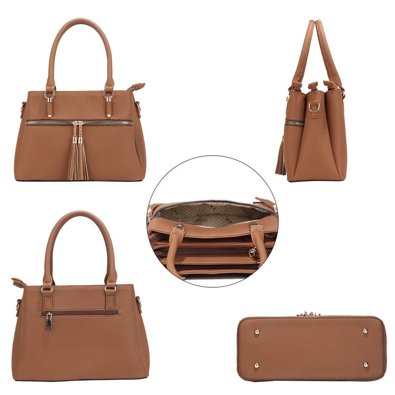 KKXIU 3 Zippered Compartments Purses and Handbags for Women Vegan Leather Ladies Multi Pocket Satchel Bags (D-brown) - Image 4